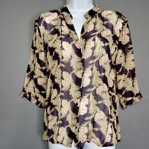 Old Navy Shirt Womens Large Purple Sheer Floral Button Up Ruffle Sleeve Blouse